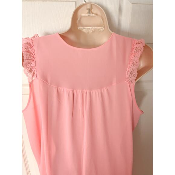 Vintage Shadowline Nylon Nightgown M Medium Pink Short Sleeve Silky Lace Sweep - Picture 2 of 12